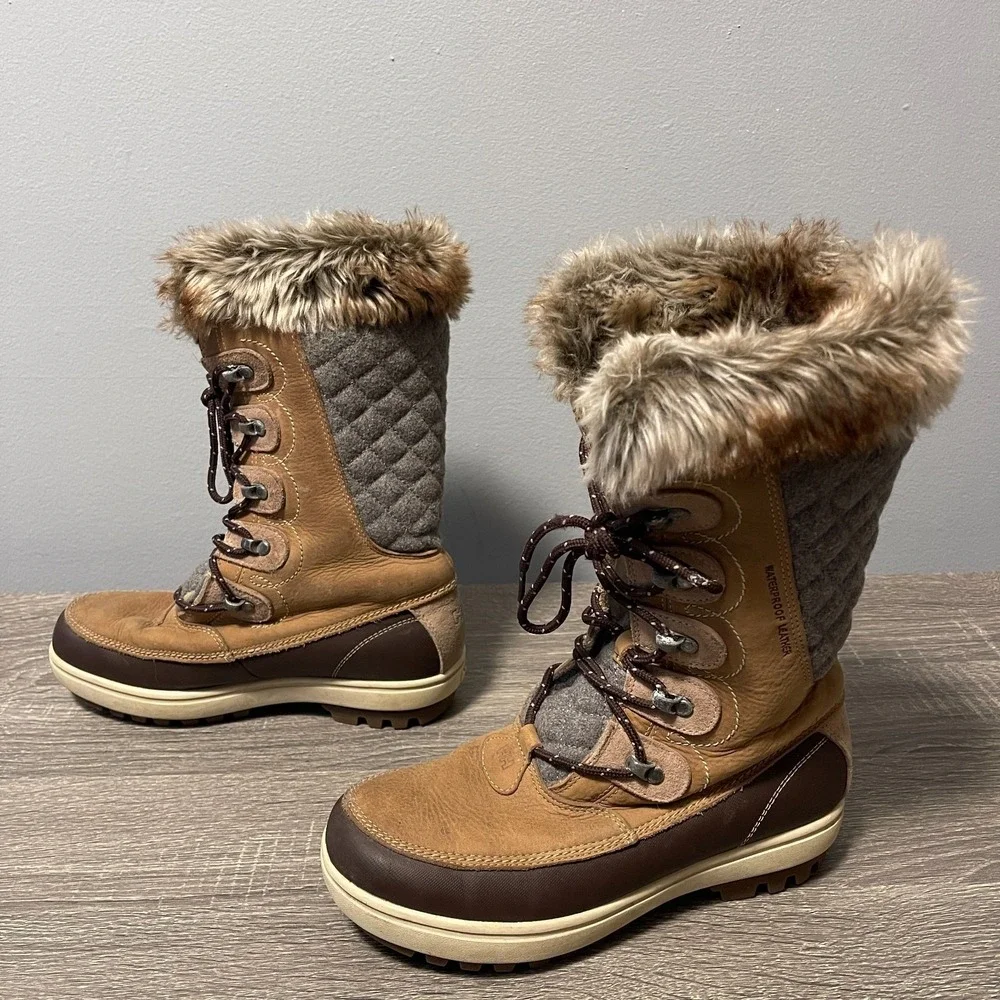 Helly Hansen Womens 7 Brown Faux Fur Lace Up Winter Snow Boots Sherpa Outdoor